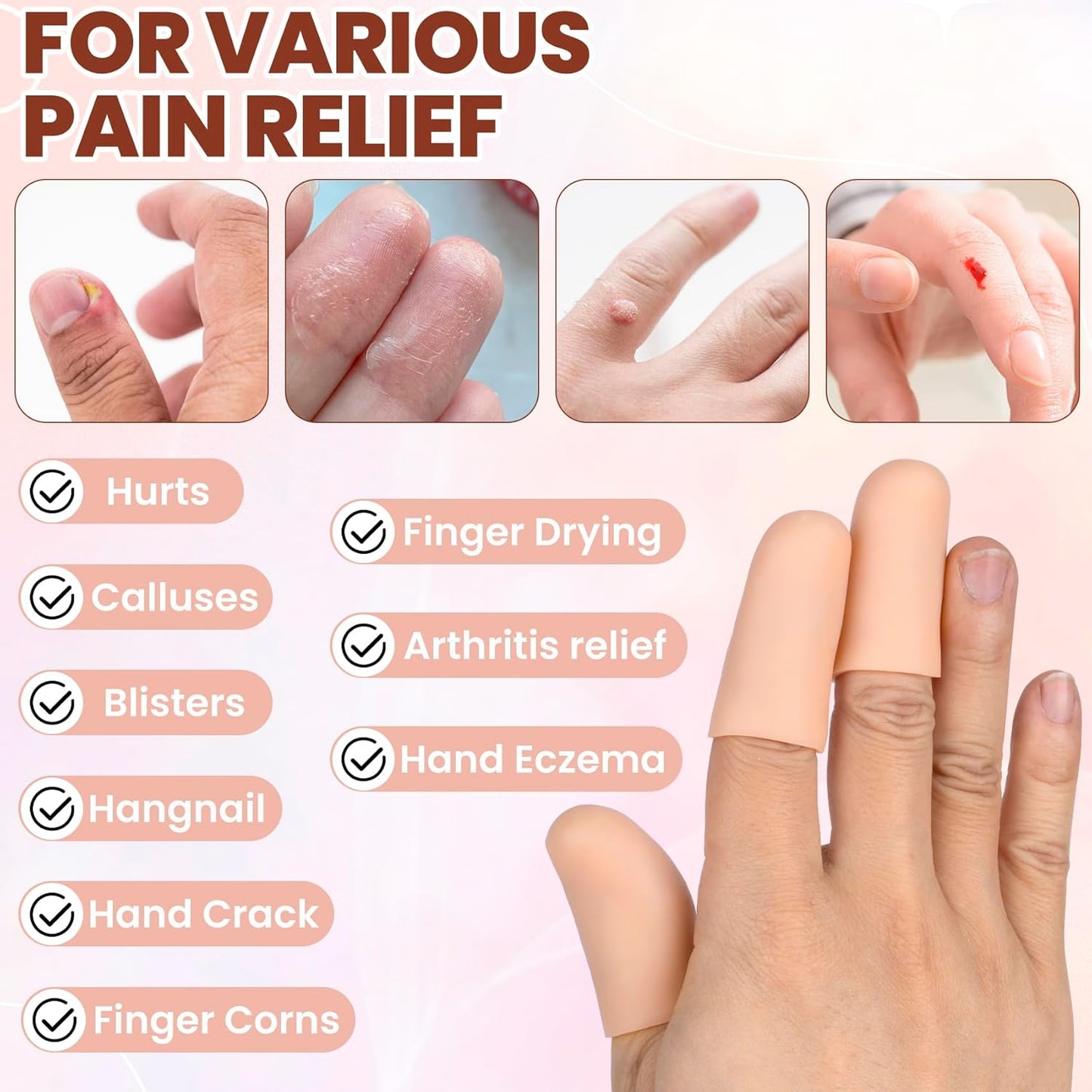 PAGOW 6 Pcs Gel Finger Cots/Covers, Silicone Finger Protector Support, Finger Caps Finger Sleeves Thumb Protector for Finger Cracking Trigger Finger Arthritis Pain Relief (Beige)