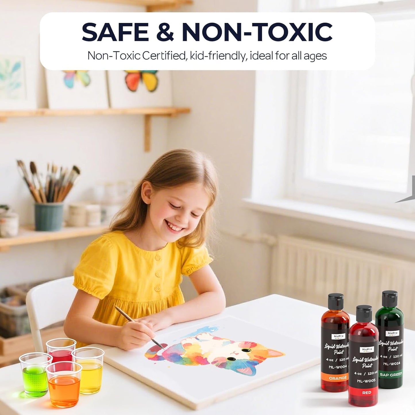 Nicpro 6 Colors Liquid Watercolor Paint Set, 4oz Liquid Watercolor Paint, Vibrant Colors & Non-Toxic Water Colors Painting Supplies for Art Activity, Craft DIY, Poster, School, Home, Classroom, Party