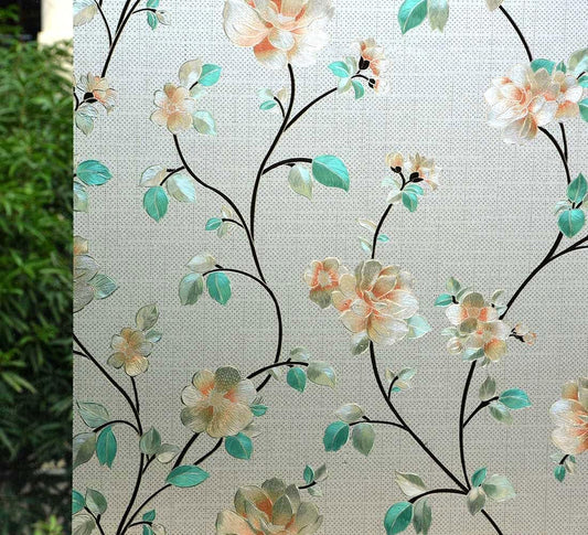 VSUDO Static Cling Decorative Window Privacy Film – Frosted Privacy Window Film with Jasmine Floral & Stained Glass Design, Adhesive-Free Tint for Home, Bathroom & Office (17.5" x 118.1")
