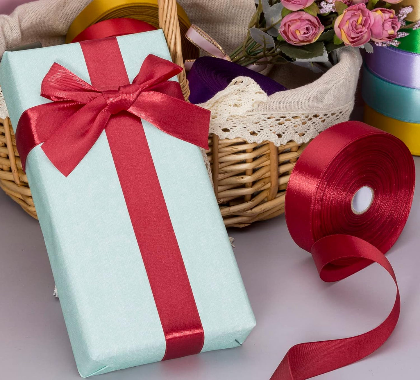 1 Inch Dark Red Solid Satin Ribbon, 50 Yards Craft Fabric Ribbon for Gift Wrapping Floral Bouquets Wedding Party Decoration