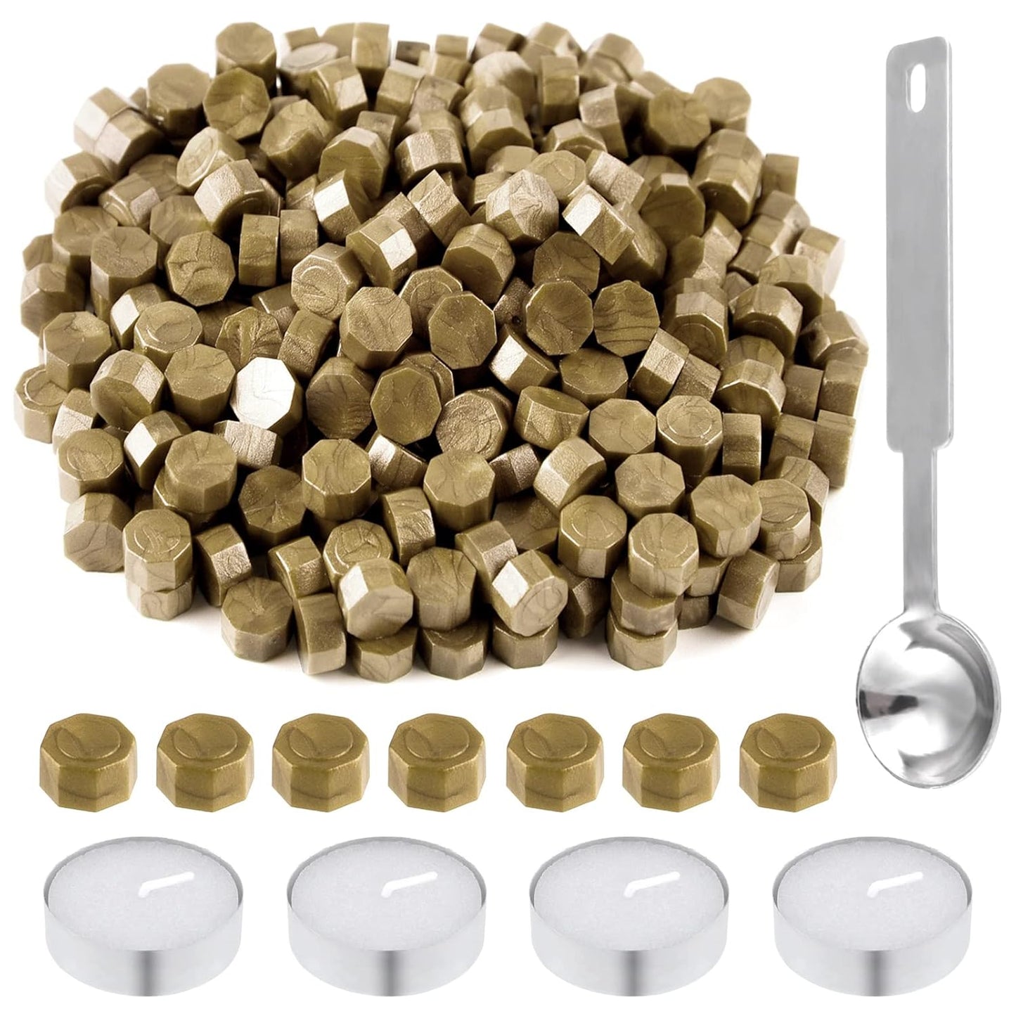 500 Pcs Octagon Sealing Wax Beads Bronze Wax Seal Beads with 4 Pcs Tea Candles and 1 Pcs Wax Melting Spoon for Crafts Letter Wine Greeting Cards Sealing