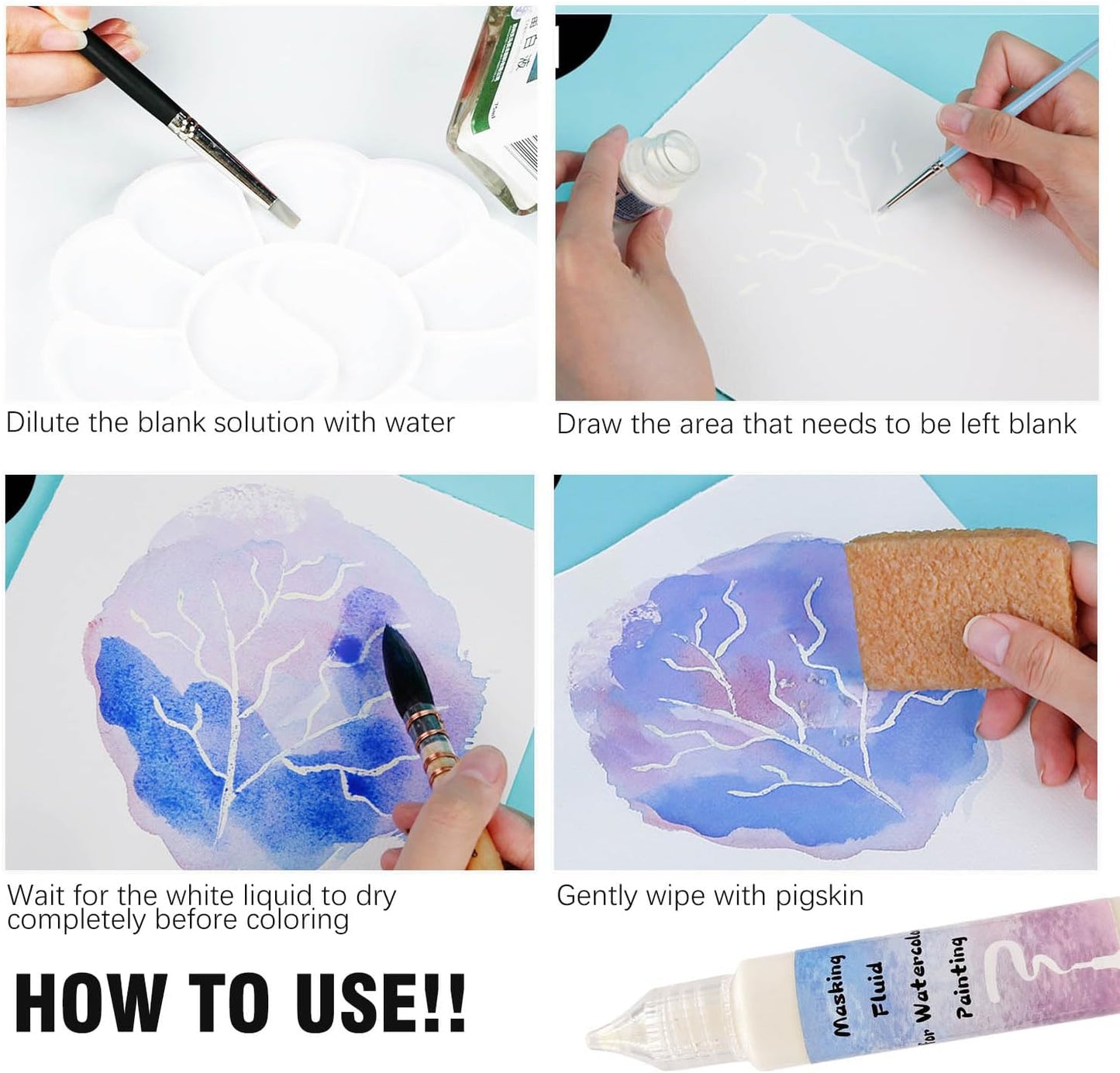 Blue Watercolor Masking Fluid - Professional Art Supplies with Brush & Eraser for Artists, Painting Medium Pen