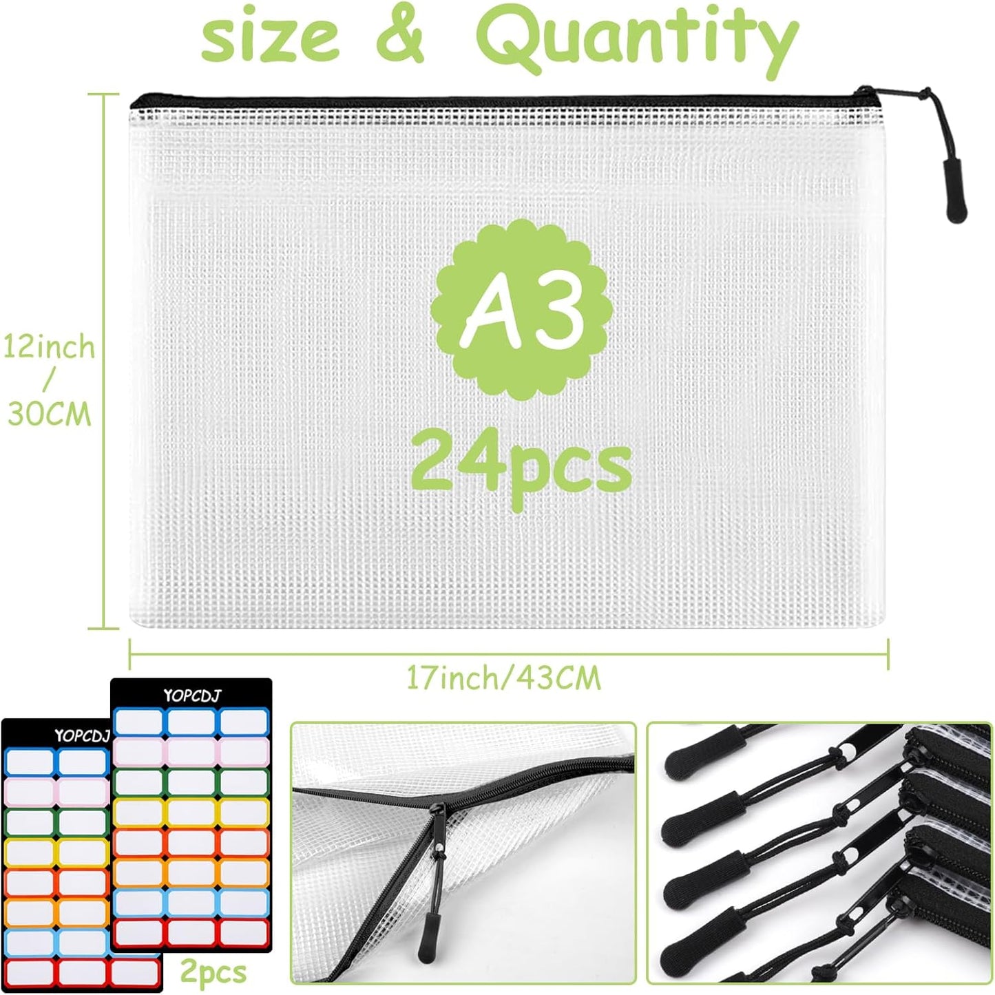 24pcs Mesh Zipper Pouches, A3 Size 17 x 12 inches Waterproof Black Zipper Bags, Water-Resistant Plastic Zipper Pouch for School Office Supplies, Puzzles & Games Organizing Storage