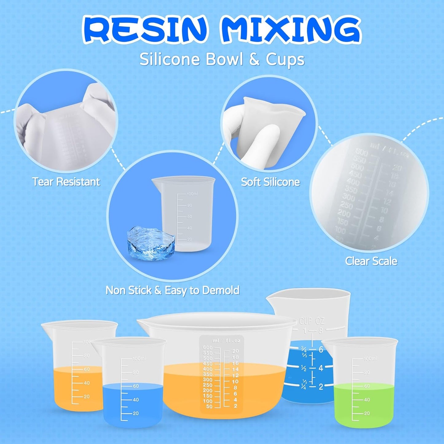 Silicone Resin Mixing Measuring Cups for Resin Supplies, 600ml/20oz Bowl, 250 & 100ml Thickened Reusable Silicone Cups for Epoxy Mixing, with Stir Sticks and Pipettes, Jewelry Making