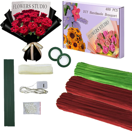 LOLEDE 300Pcs Pipe Cleaners Craft Kit, 2 Colors Chenille Stems for DIY Artificial Flower Making with Floral Wires, Gardening Tape, LED String Lights, Pearl Beads & Ribbon (Rose)