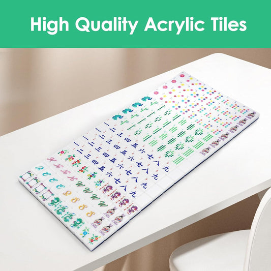 American Mahjong Set with 160 Acrylic White Tiles and 4 Transparent Holders/Pushers, Portable American Style Mahjong Game with Carrying Bag, Classic Board Games for Family Night