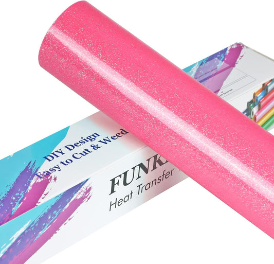 FUNKAKA Glitter Fluorescent Pink HTV Heat Transfer Vinyl Rolls, 12" x 8ft PU Iron on Vinyl for T-Shirts Glitter HTV Vinyl for All Cutter Machines Easy to Cut & Weed for DIY Design