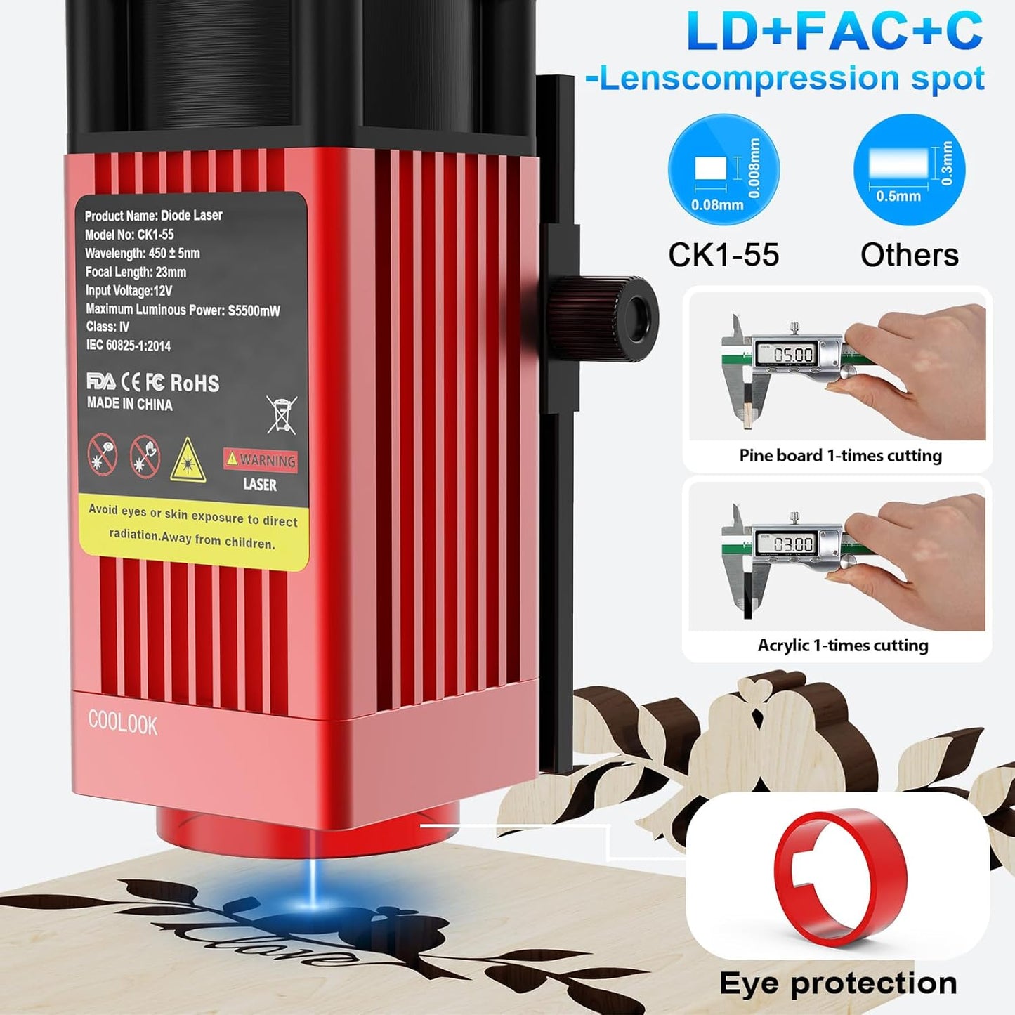 Coolook CK1-55 Laser Engraver, 5.5W Laser Engraving Machine, Laser Engraver Machine, Laser Cutter for Wood, Metal, Aluminum, Glass, Leather, 500mm/s Speed, 32-Bit Main Chip, 300x300mm Engraving Area