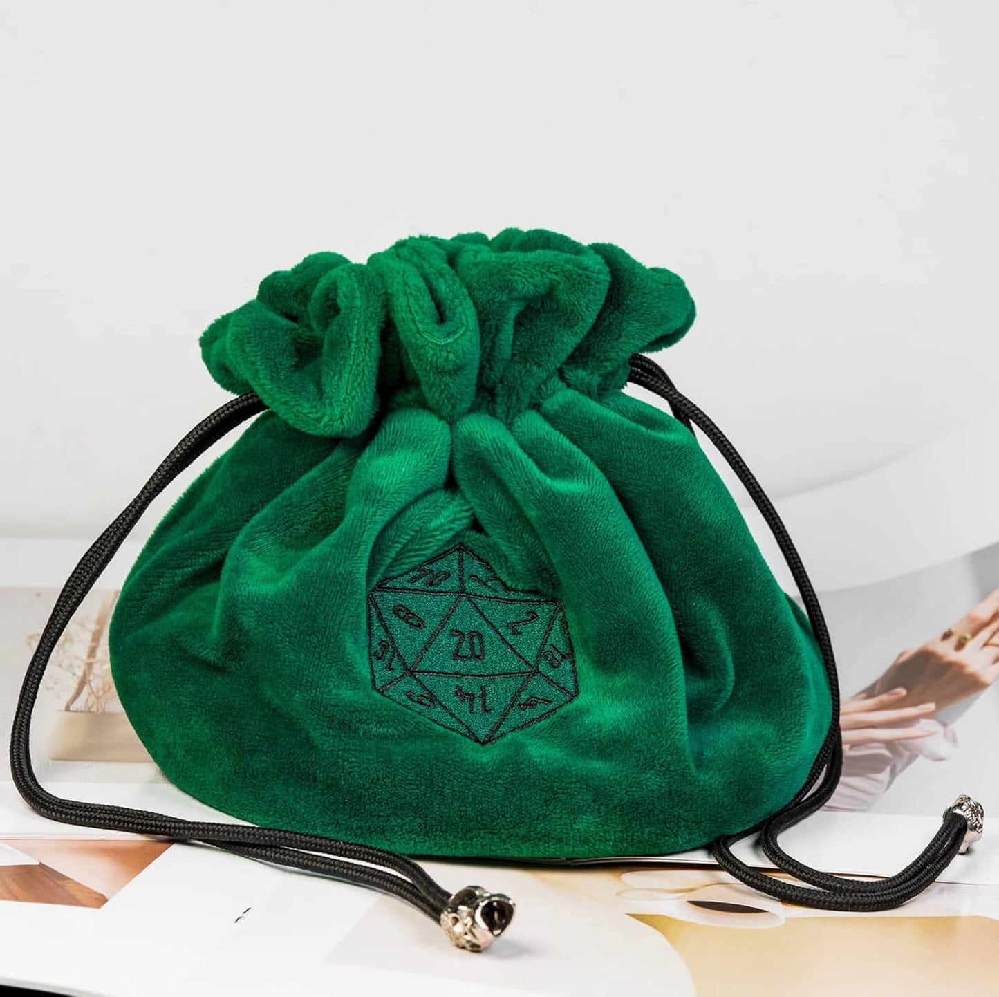 Large Dice Bags D&D with Pockets Green Storage Bag D20 Logo for DND RPG Game Dices - Capacity 200+ Dice