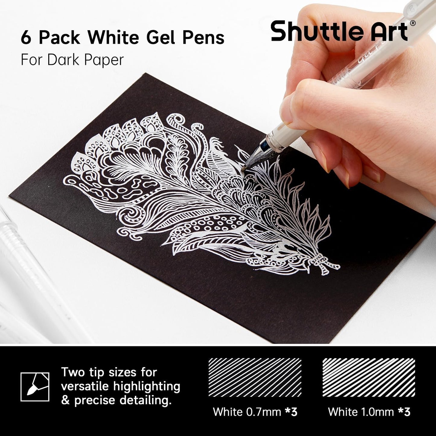 Shuttle Art White Gel Pens, 6 Pack 0.7mm, 1.0mm Gel Ink Pens Fine Point for Black Paper Highlighting Card Making Scrapbooking Coloring Writing Drawing Journaling Note Taking School Office Home