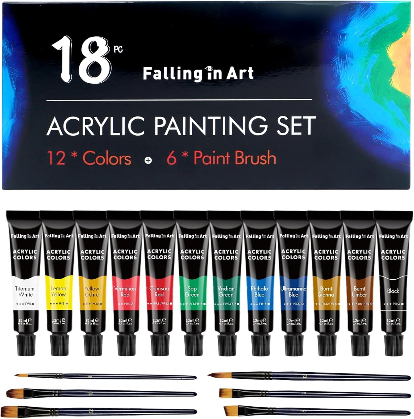 Falling in Art Acrylic Paint Set, 12 Tubes Non-Toxic Rich Pigments Colors with 6 Paintbrushes, Ideal for Painting on Canvas, Wood, Fabric, Craft Paint Set for Beginners and Artists