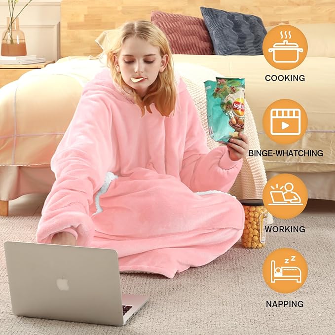 yescool Wearable Blanket Hoodie, Flannel Sherpa Fleece Blanket Sweatshirt for Adults Women Men,One Size Fits All