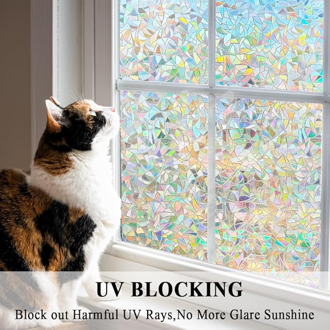 3D Prism Window Film Translucent Decorative Rainbow Sliding Glass Door Tint Covers Static Cling No Residue Heat Control Anti UV Removable Décor Coverage for Kitchen Bedroom Living Room,23.6x78.7in.