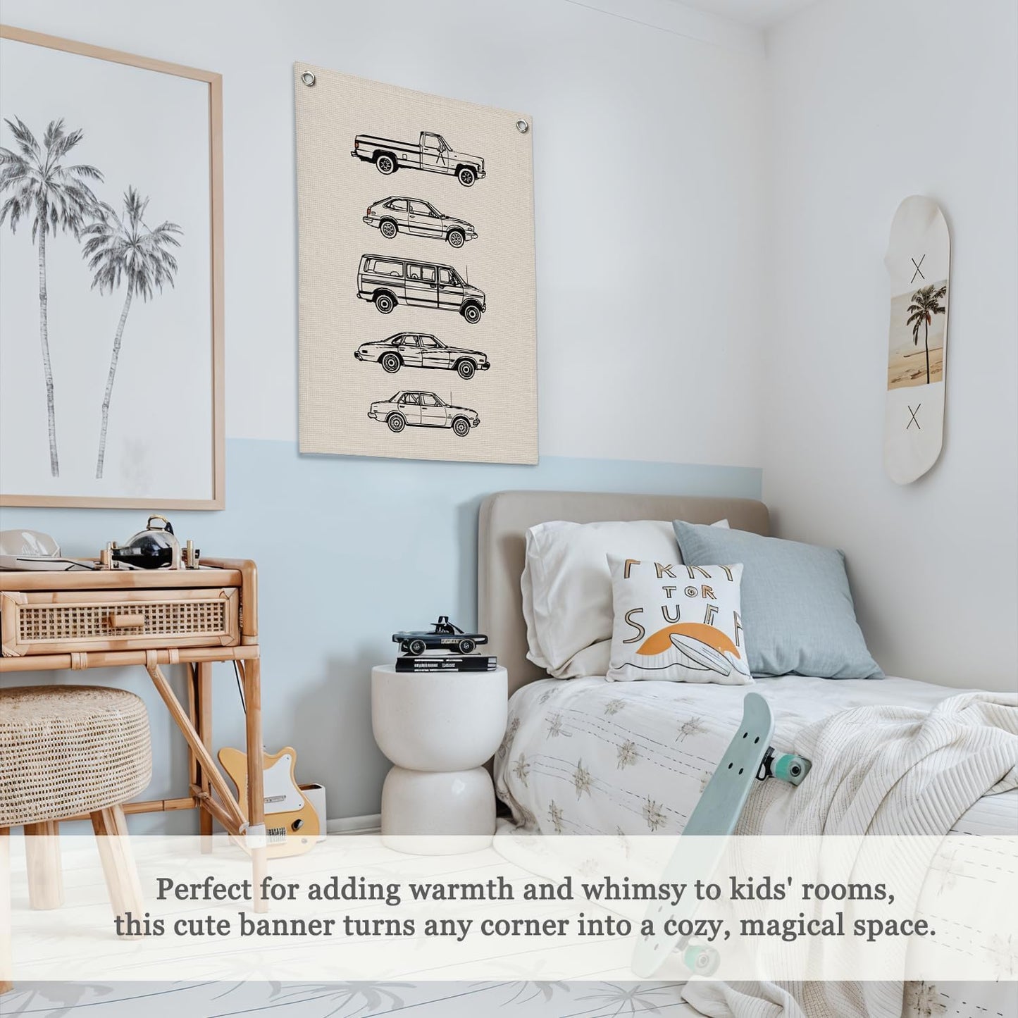 Toddler Boy Room Decor, Vintage Car Linen Canvas Banner, Retro Car Room Decor Wall Hanging Flag Banner for Little Boy Bedroom,Playroom Nursery 18x25 Inch