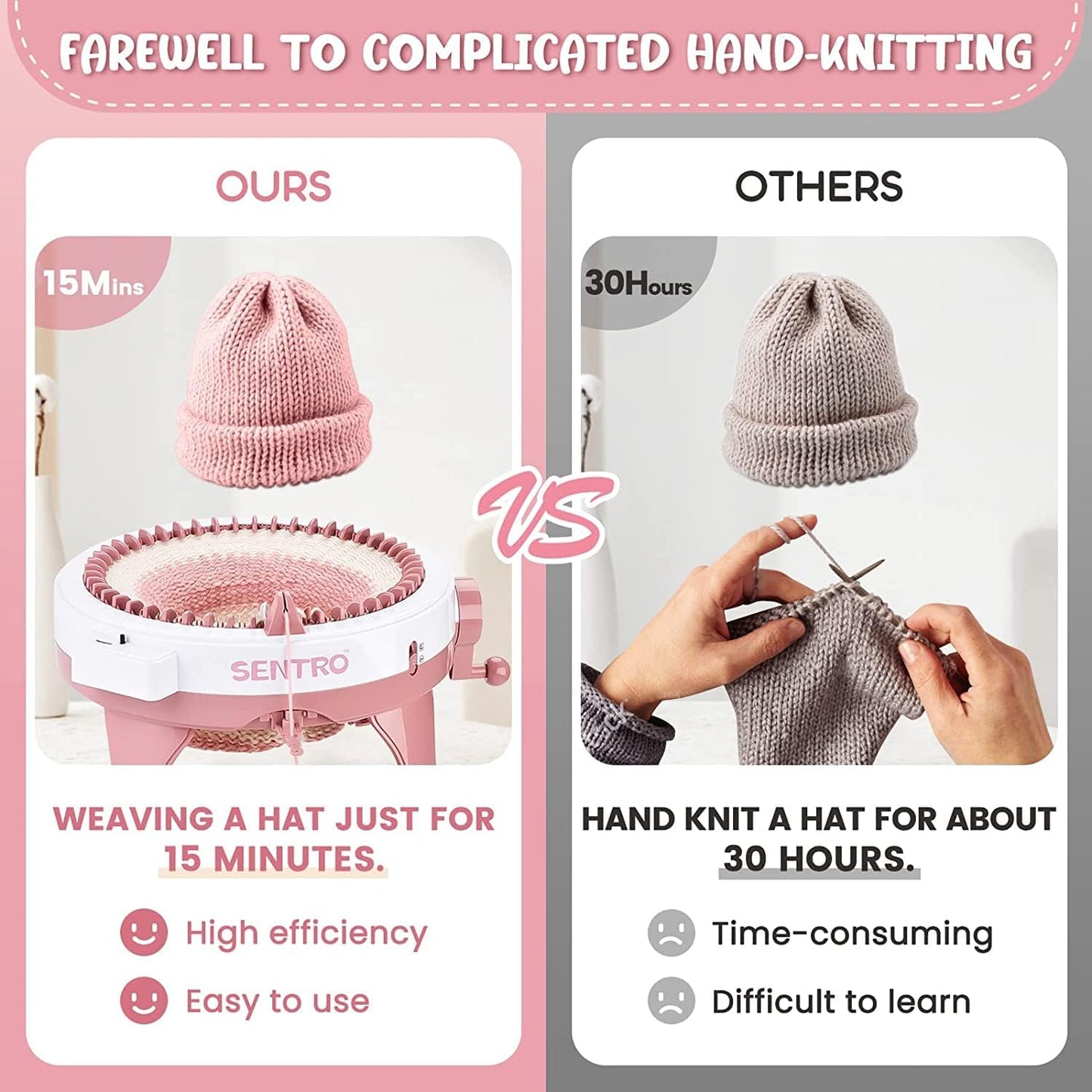 SENTRO 48 Needles Knitting Machine with Row Counter and Plain/Tube Weave Conversion Key, Efficiently DIY Scarf Hat Sock (48 Pink)