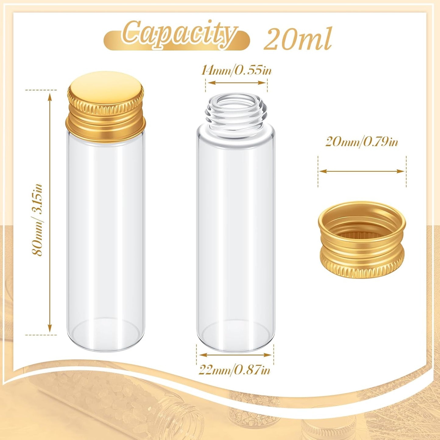 100 Pcs Small Clear Vials Spice Mini Jars with Lids Mini Glass Bottles with Screw Aluminum Metal Caps Tiny Jars Sample Containers for Powder Cream Cosmetic Jewelry Wedding (20 ml,Gold Caps)