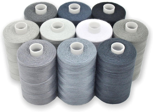 BlesSew Gray Sewing Threads - 10 Large Spools of Polyester Thread for Hand, Quilting & Sewing Machine - Grey Shades Plus Black & White - 1000 Yards Per Spool