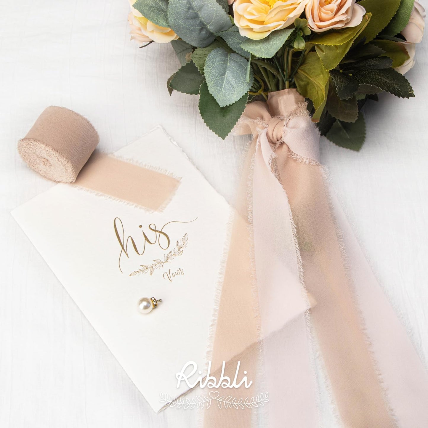 Ribbli Beige Chiffon Ribbon 1-1/2 inch x 20 Yard Handmade Fringe Silk Ribbon for Wedding Invitations, Bridal Bouquets Wrapping, Flower Arrangement Decoration