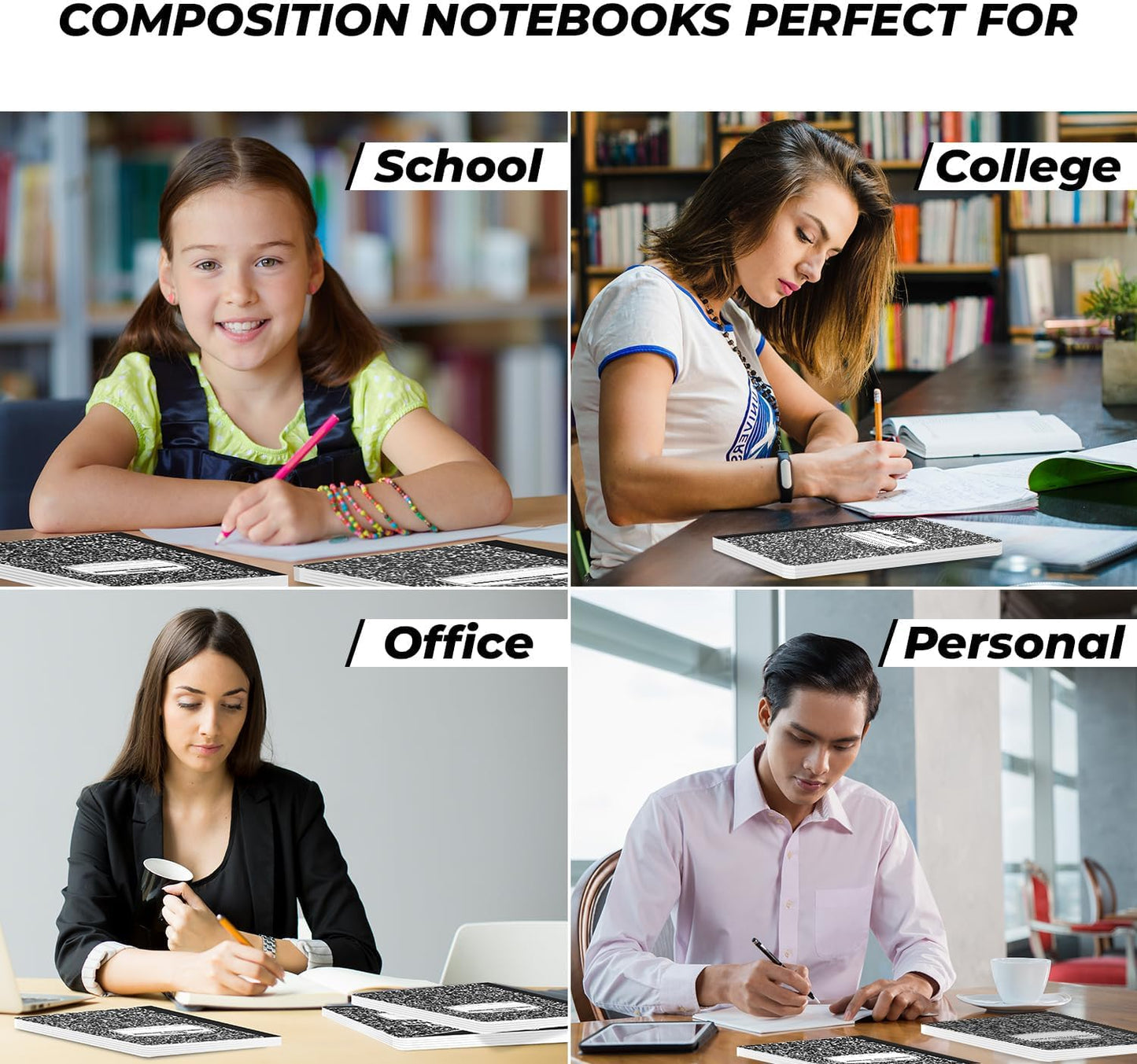 Rosmonde College Ruled Composition Notebooks 5 Pack, 200 Pages (100 Sheets), 9-3/4" x 7-1/2", White & Black Marble Composition Book, Hard Cover, Sturdy Sewn Binding, School, College & Office Supplies