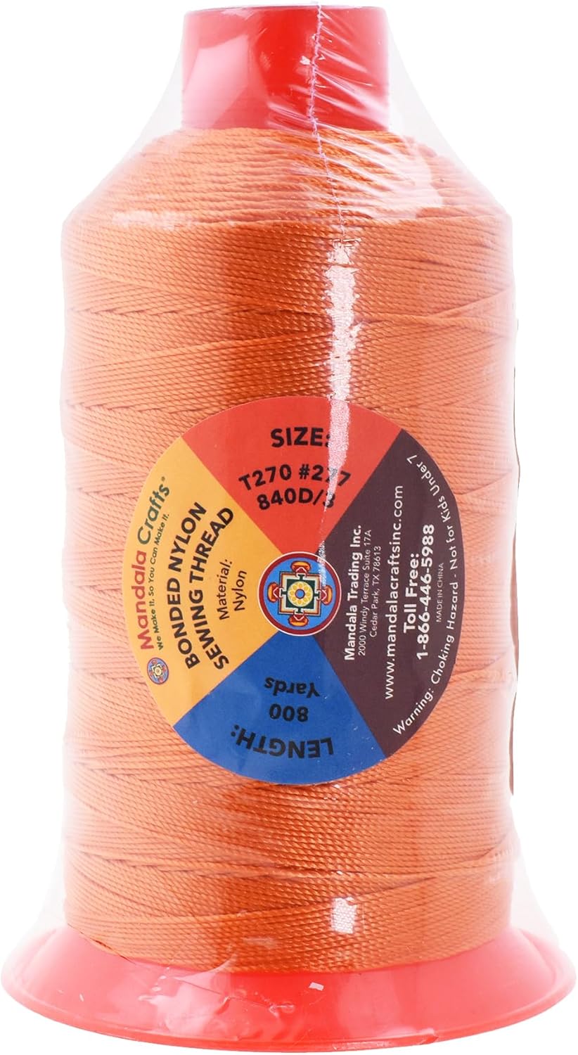 Mandala Crafts Bonded Nylon Thread Orange Heavy Duty Sewing Threads - 800 YDs Size 277 840D T270 Tex 270 Thread for Leather Jeans Weaving Outdoor Marine Upholstery Threads