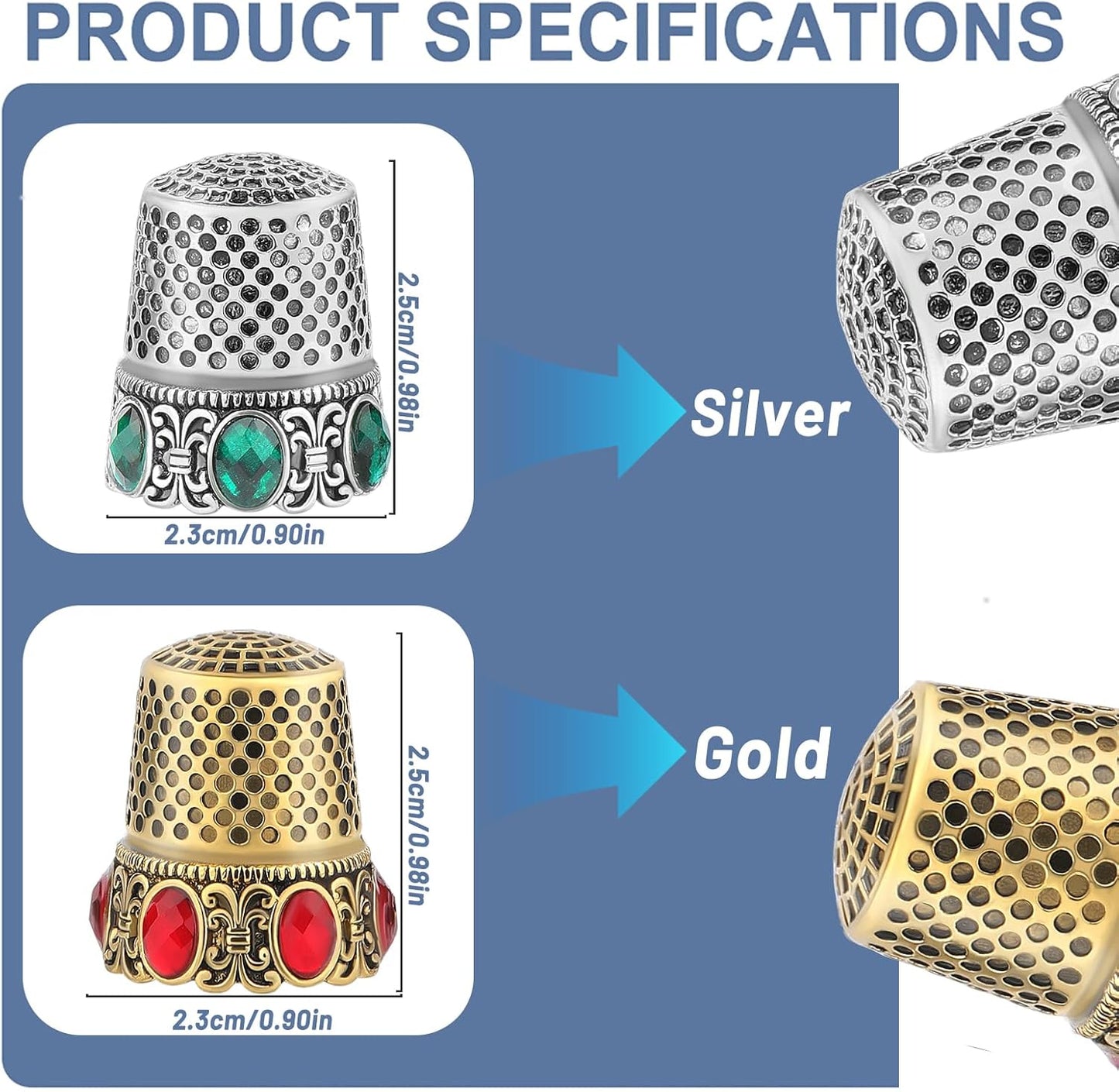 2 Pcs Vintage Sewing Thimble, Quilting Thimbles, Sewing Thimble Finger Protector, Vintage Fingertip Protector Thimbles, Metal Thimble, Sewing Quilting Craft Accessories Diy Sewing Tools (Sliver, Gold)