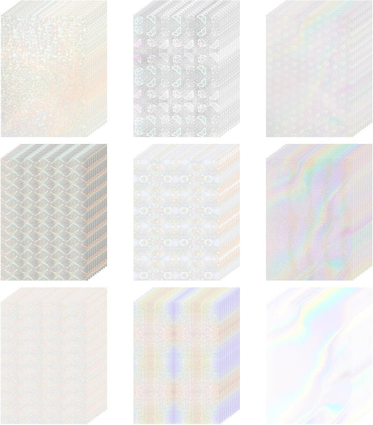 STARVAST 90 Sheets Holographic Sticker Paper, Transparent Holographic Vinyl Laminate Sheets, Self Adhesive A4 Size Printable Holographic Paper with Gem Rainbow Spot Star Patterns
