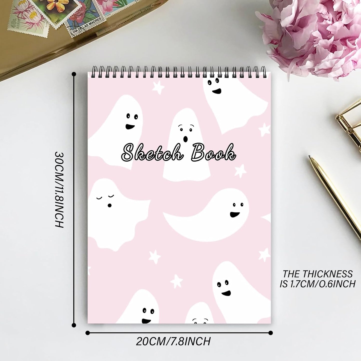 Cabreche Sketch Book Top Spiral Bound Sketch Pad, 9 x 12 inch,100GSM Thick Paper,50 Sheets 100 Pages,Art Sketchbook Artistic Aesthetic Writing Drawing Paper for Girls Women Cool Little Specter-Pink