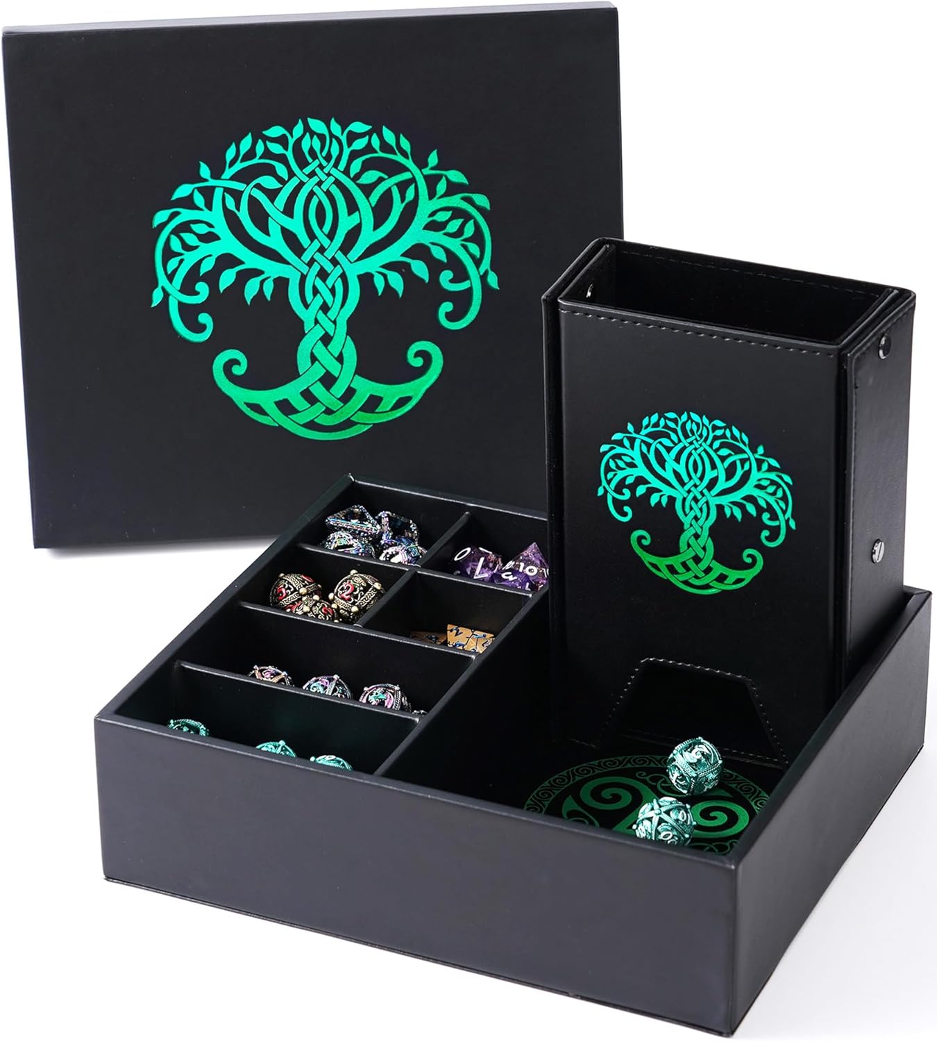 Dice Tray and Dice Tower for DND and RPG - All-in-One Game Roamer Tray & Large Tower for Random Rolls - Stores Your Sets, Mini's and More Compatible with D&D (Green Tree)