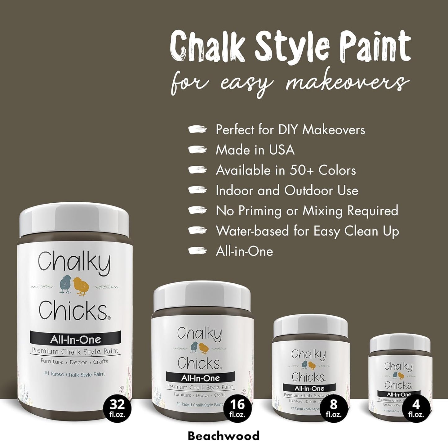 Chalky Chicks All-in-One Chalk Paint for Furniture or Cabinet - 4 Fl Oz - Matte Finish Beachwood (Brown/Gray) for Metal, Wood Furniture Paint - No Sanding All-in-One for Home Decor & Crafts, USA Made