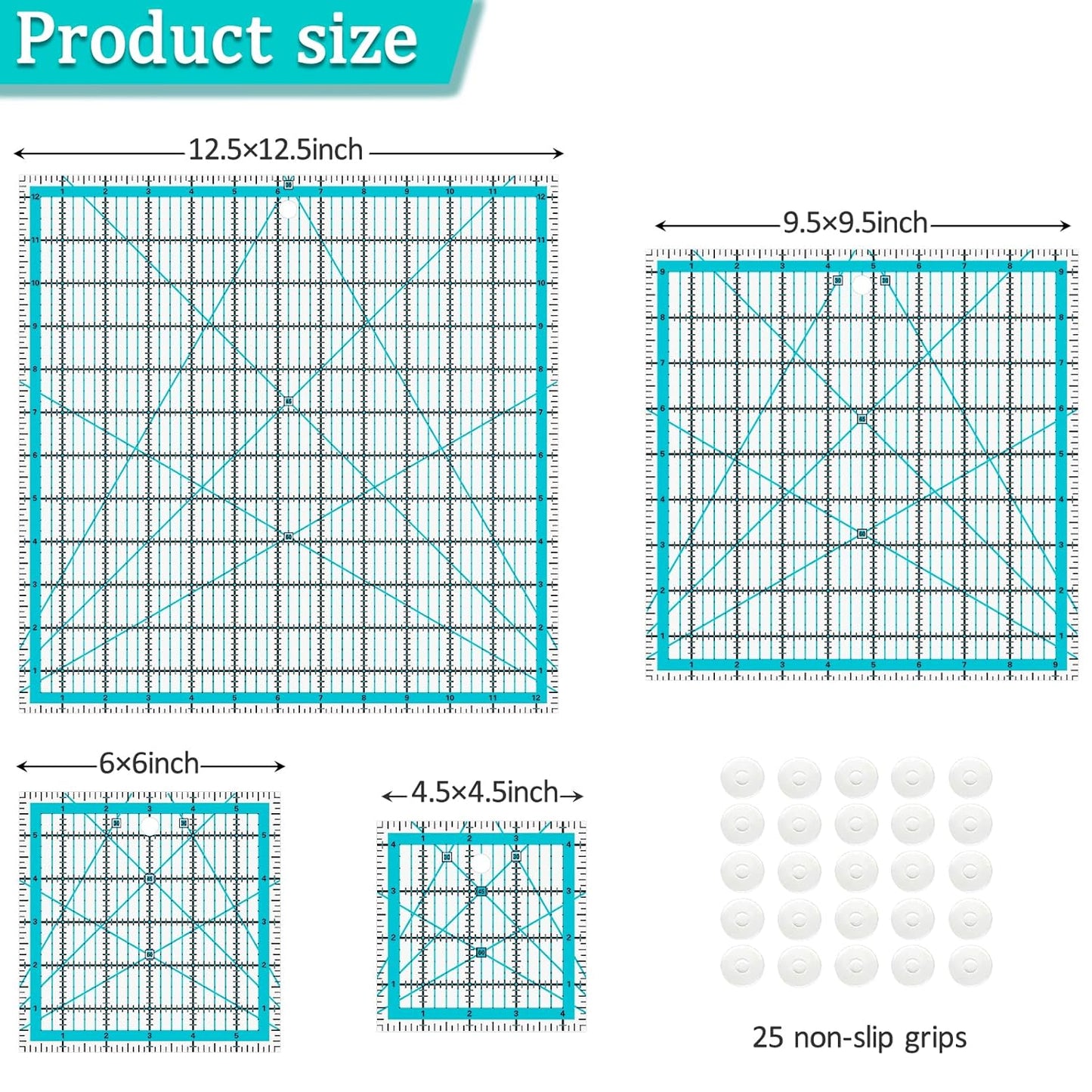 Quilting Rulers, Acrylic Quilt Ruler,4 Square Fabric Cutting Ruler (4.5""X4.5"", 6""X6"", 9.5""X9.5"", 12.5""X12.5""), Quilting Templates with Non Slip Rings. (Blue)