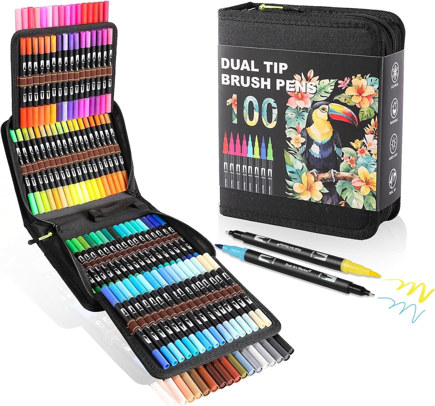 Dual Tip Markers, Double Brush Art Markers Set with Fine Tip and Brush Tip for Adult Coloring Book, Hand Lettering, Calligraphy & Drawing, Art Supplies Kit for Kids and Adults (100 Colors)