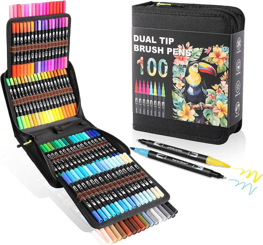 Dual Tip Markers, Double Brush Art Markers Set with Fine Tip and Brush Tip for Adult Coloring Book, Hand Lettering, Calligraphy & Drawing, Art Supplies Kit for Kids and Adults (100 Colors)