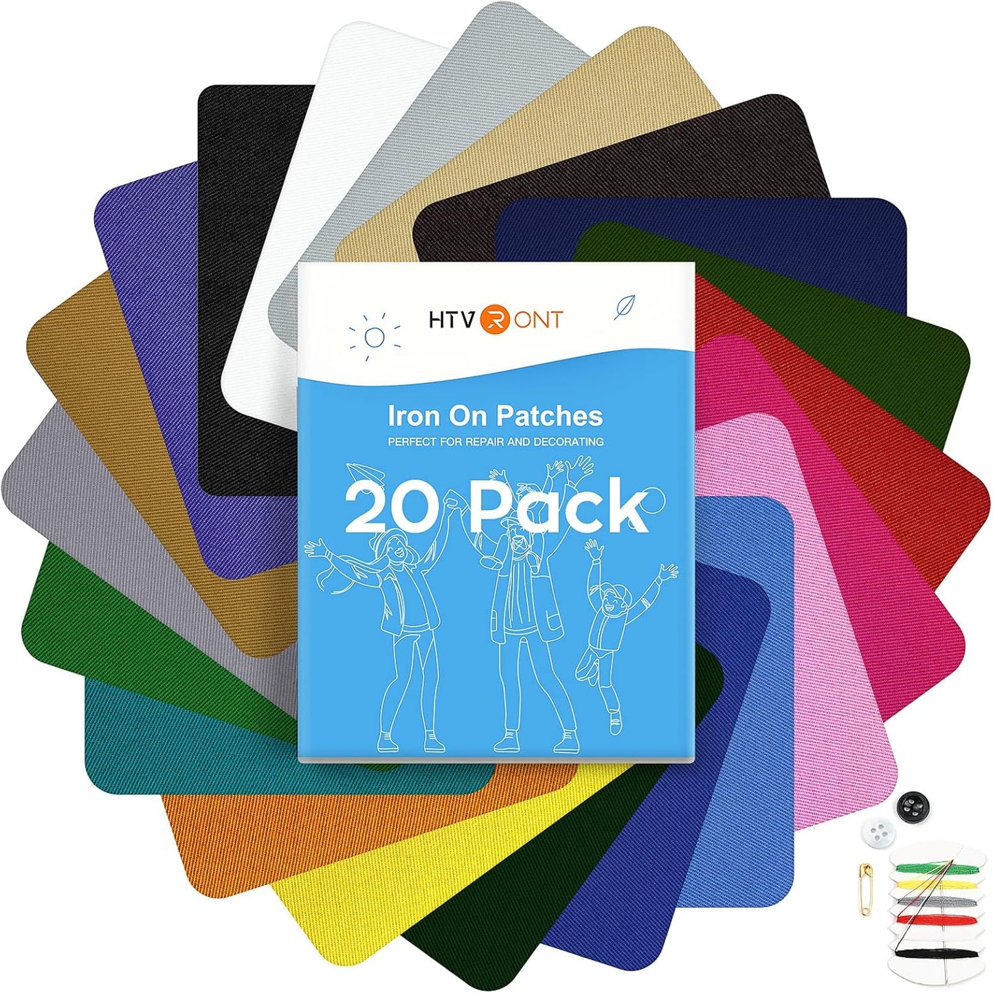HTVRONT Iron on Patches for Clothing Repair, 20 PCS Multi-Colored Fabric Patches for Clothes Repair, 20 Shades Iron Patches for Clothes, Clothing Repair Decorating Kit 3.7" by 4.9"