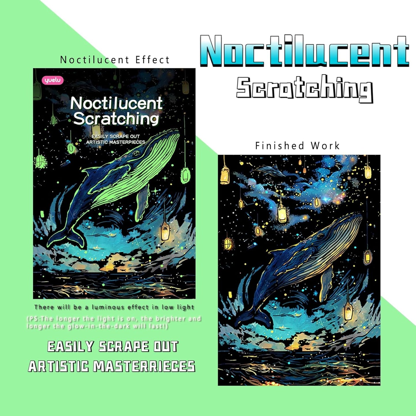 Scratch Paper Art for Adults-Glow in The Dark Scratch Painting Craft Kit (8 Sheets A4)|DIY Foil Engraving Art Set|Stress Relief Gift for Travel Lovers,Craft Lovers,Home Decors (Butterfly & Whale)