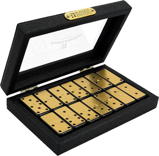Bucher&Rossini Metal Surface Dominoes Set Double 6 for Adults and Kids - Classic 28Pieces Gold Metal Surface Domino's Game Set Idea Gift Present for Domino Players or Family Game Night