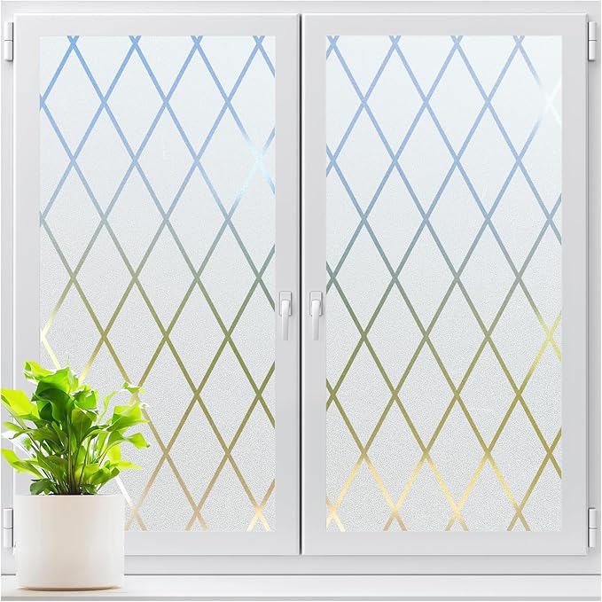 LUTE Frosted Window Privacy Film, Static Cling UV Sun Blocking Heat Control Window Cover, Removable Non-Adhesive Glass Sticker Vinyl Decorative Frosting Decals for Home Office, Lattice, 35.4" x 118.1"