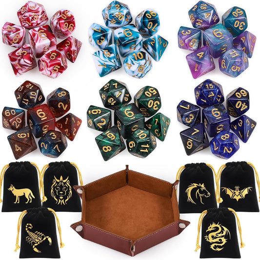 CiaraQ DND Dice Set, Double-Colors Polyhedral Dice (42 Pieces) with 6 Pattern Bags and PU Leather Tray for Dungeons Dragons D&D RPG MTG Table Games