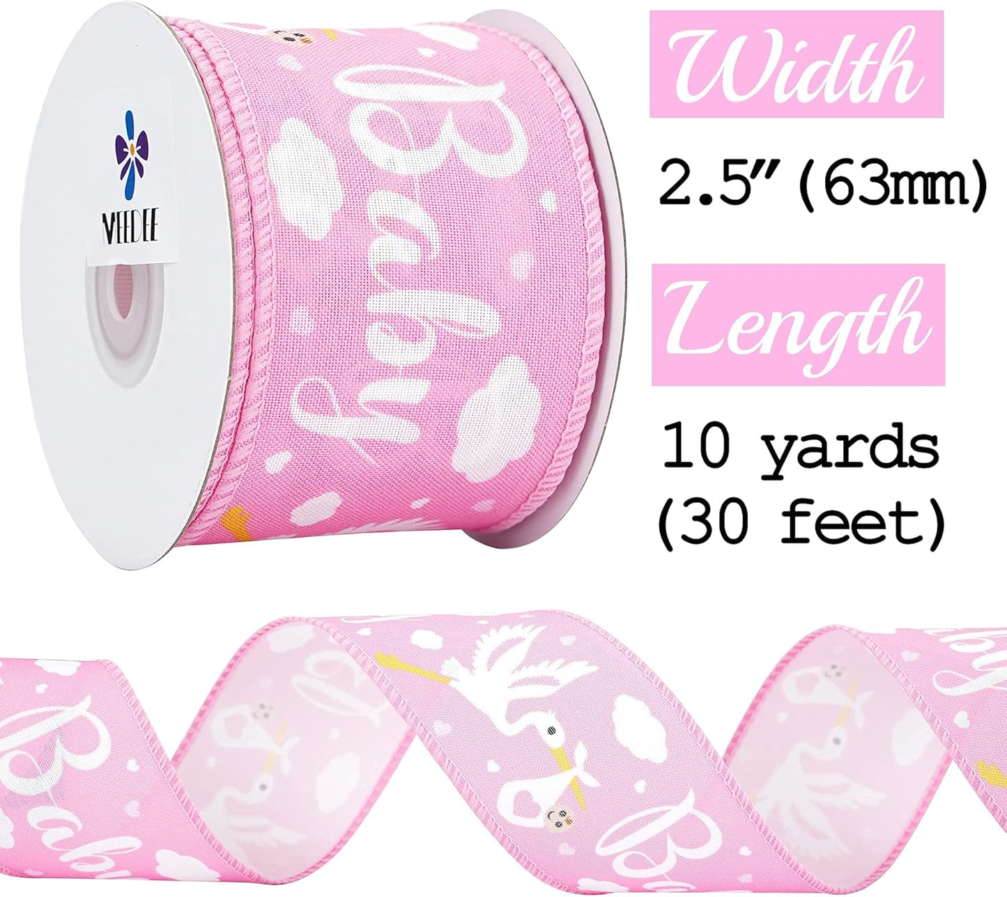 MEEDEE Pink Baby Ribbon for Baby Shower - 2.5 Inch Burlap Wired Ribbon for Diaper Cake, Welcome Home Baby Girl Shower Favors Gift Box Table Decor (10 Yards)