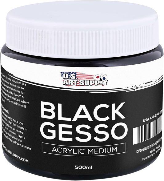 U.S. Art Supply Black Gesso Primer - 16.9oz (500ml) for Oil & Acrylic Paint - Superior Coverage, Canvas Prep, Mixable White Gesso Paint Artists