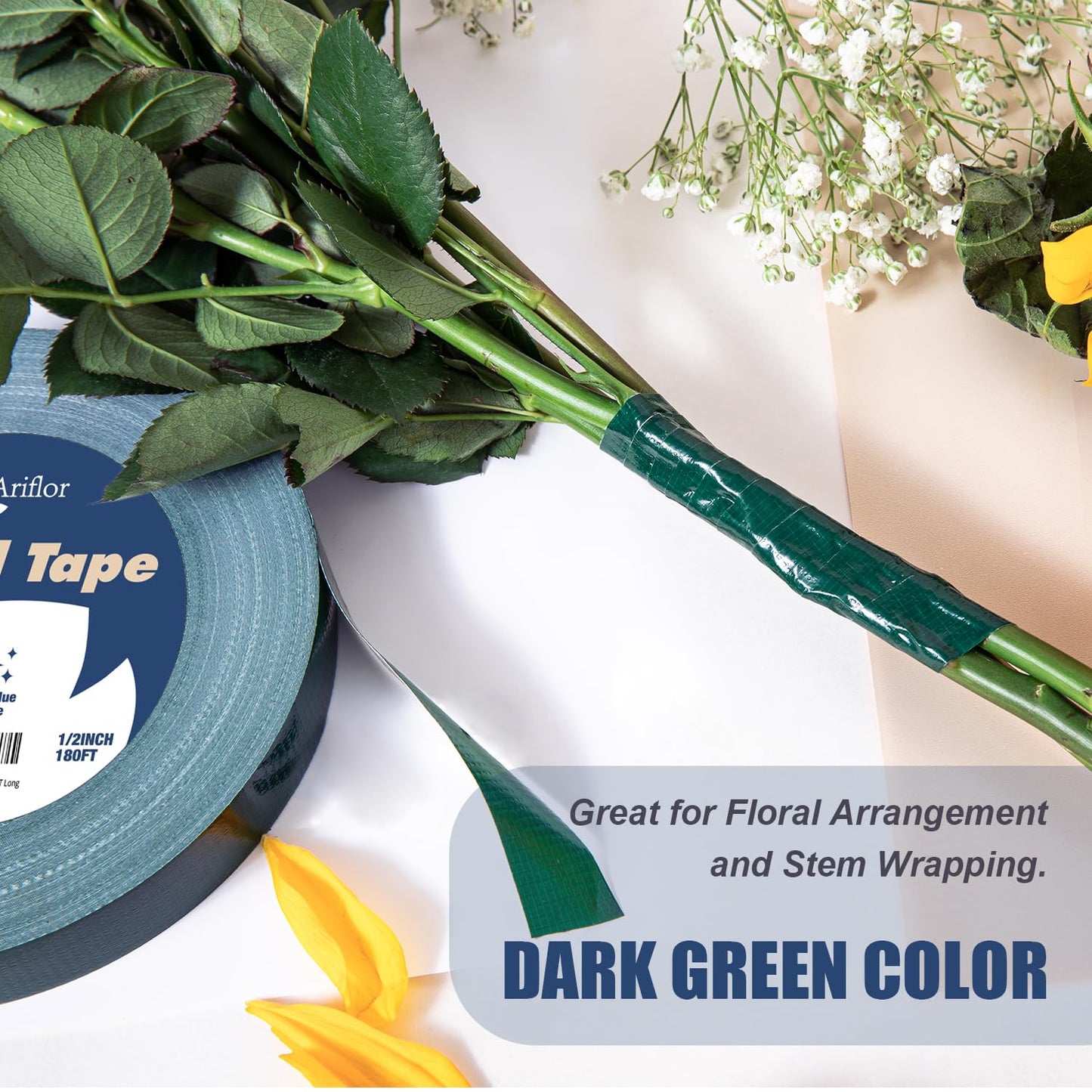 Green Floral Tape - Flower Wrap Adhesive Tape Bouquet Stem Wrapping and Floral Crafts, Wedding Bouquet Tape - 1/2 inch Wide and 180 FT Long