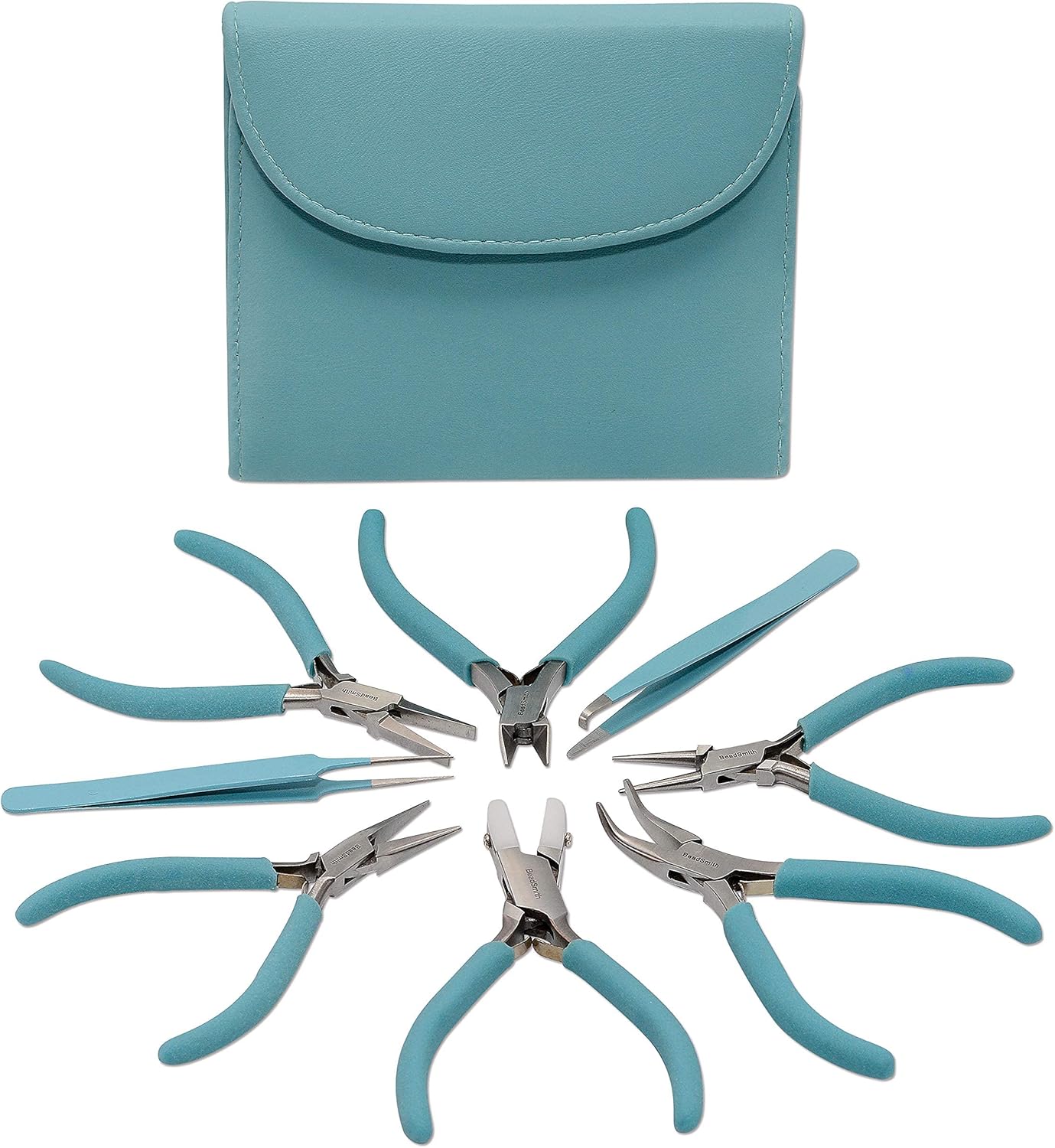 The Beadsmith Fashion Color Pliers – Set of 8 Slimline Color-Coordinated Tools – Matching Clutch in Light Blue – Jewelry Making Supply Kit to Create Necklaces, Bracelets, Earrings & More