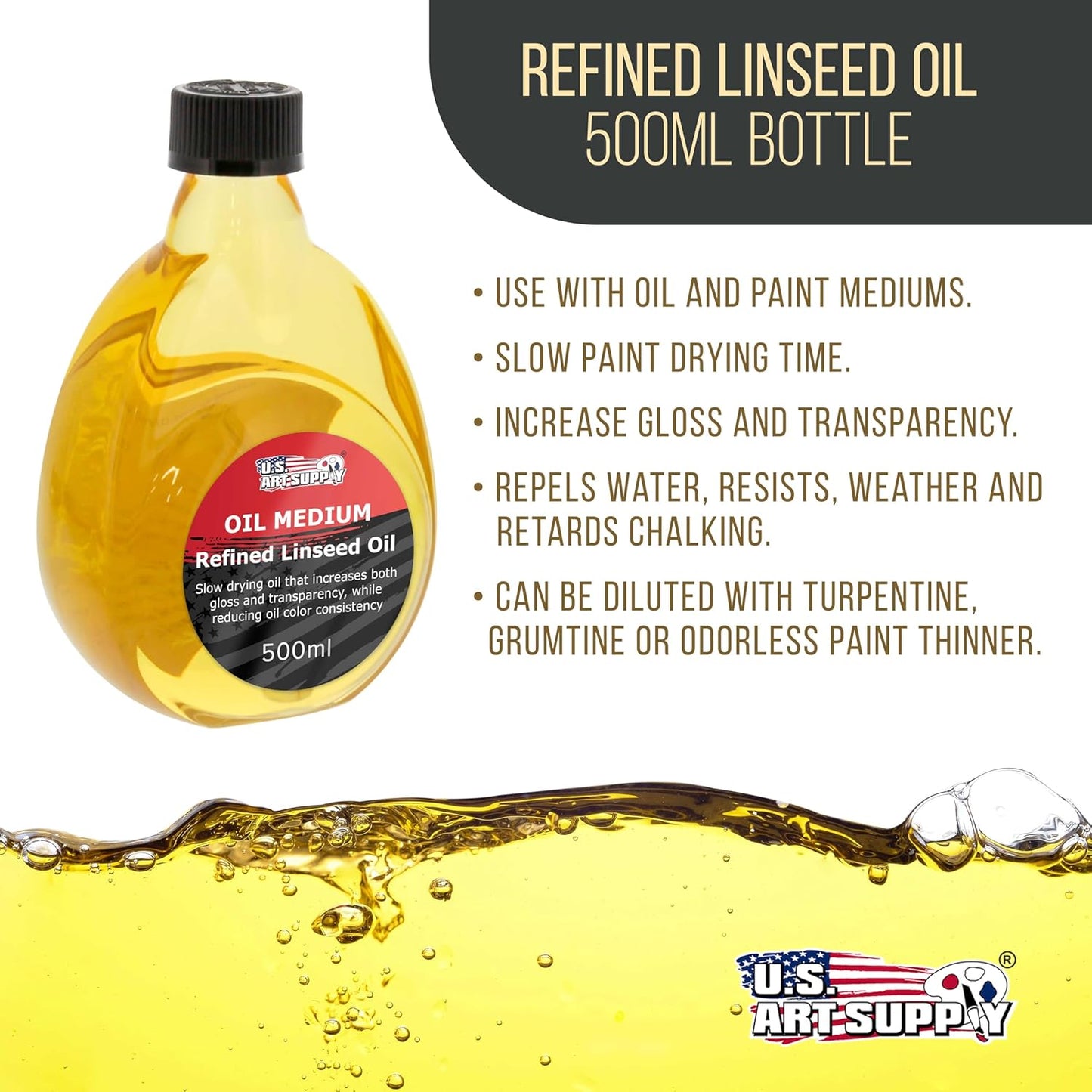 U.S. Art Supply - Refined Linseed Oil -, 500ml / 16.9 Fluid Ounce Container