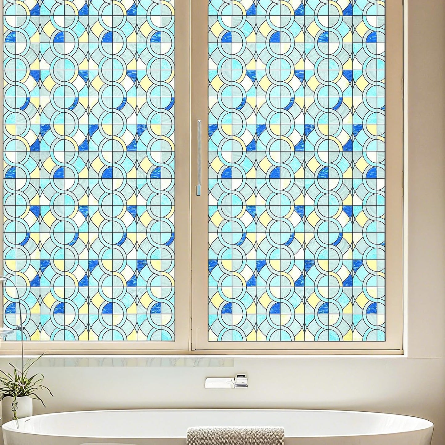 Window Privacy Film, Frosted Glass Decorative Static Cling, Removable Sun Blocking Vinyl Covering, Window Film for Home Kitchen Living Room Bathroom, Geometric Rings, 17.5" x 78.7 "