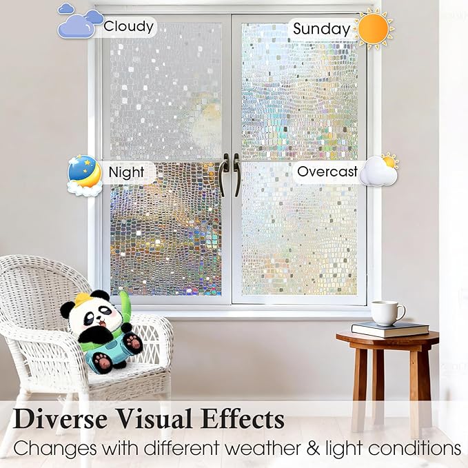 Windimiley Rainbow Window Privacy Film, 3D Stained Glass Christmas Decorative Window Clings, UV Heat Blocking Holographic Prism Stickers for Home(35.4 x 118.7In,Pure)