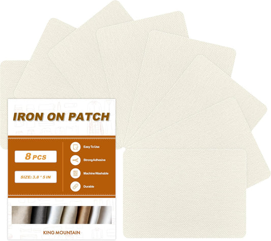 Iron on Patches, 8 Pieces Iron on Linen Patches, Fabric Patches for Couch, Tent, Clothing, Seat, Linen Repair Decorating Kit 3.7" by 4.9" (9.5 cm x 12.5 cm, Off White)