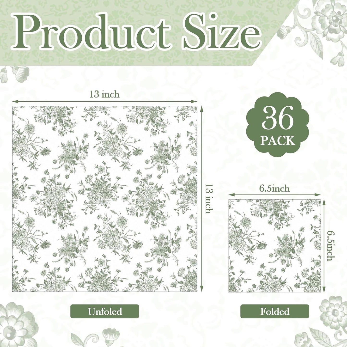 Epakh 36 Pack 6 Style Sage Green Decoupage Paper Napkins Assorted Floral Decorative Decoupage Napkin Chinoiserie Cocktail Paper for DIY Crafting Fall Christmas Wedding Party Decor, Each Unfolded 13''