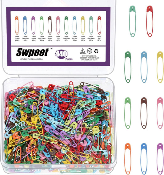 Swpeet 440Pcs 19mm/0.75 Inch Colorful Safety Pins Assortment Kit, Rust Resistant Steel Small Safety Pin Kit with Clear Case, Mini Safety Pins for Sewing, Clothes, Craft Arts