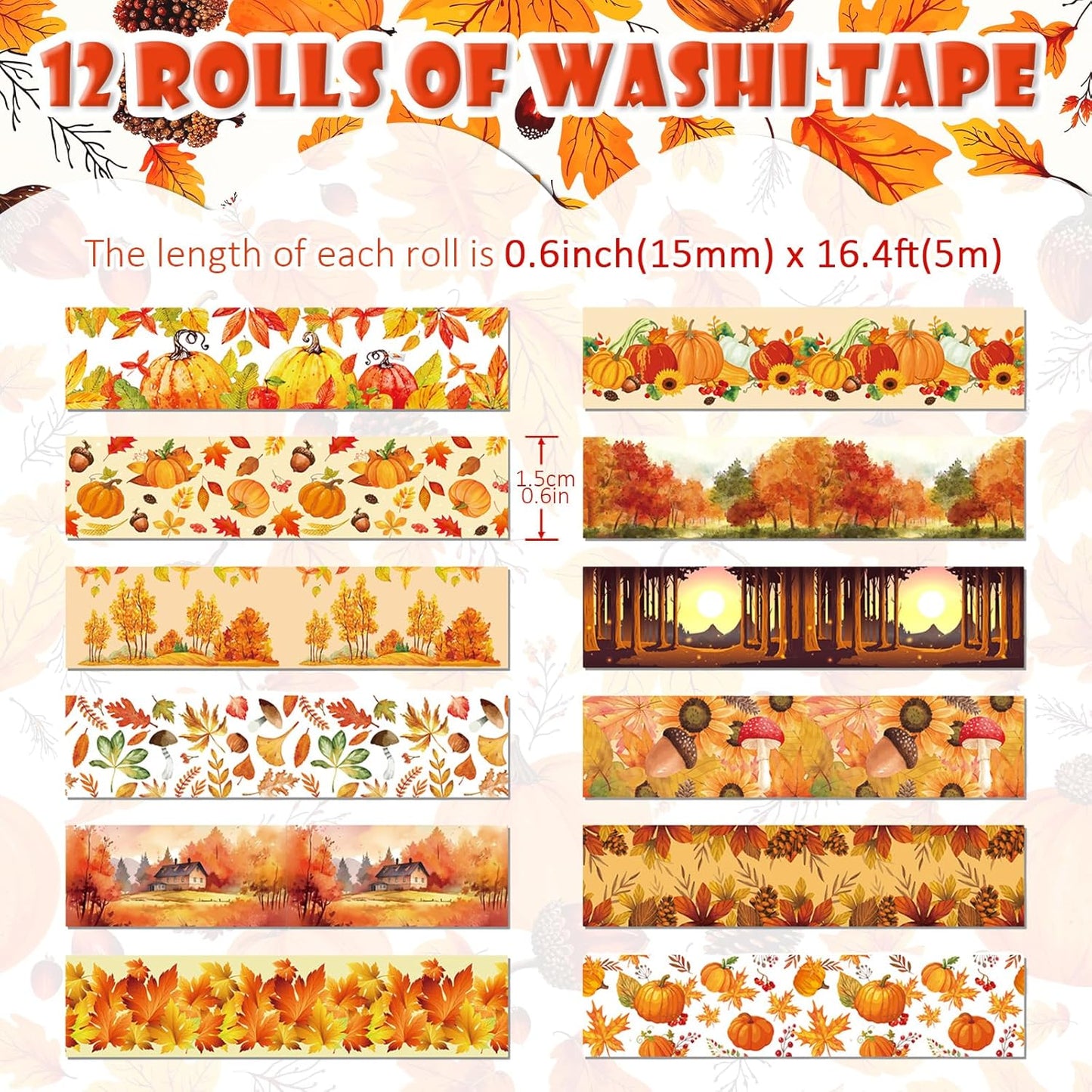 12 Rolls Autumn Washi Tape Set, Fall Maple Leaves Pumpkin Sunflower Thanksgiving Decorative Tape for Bullet Journal, Planner, DIY Arts Crafts, Scrapbooking, Gift Wrapping 16.4FT