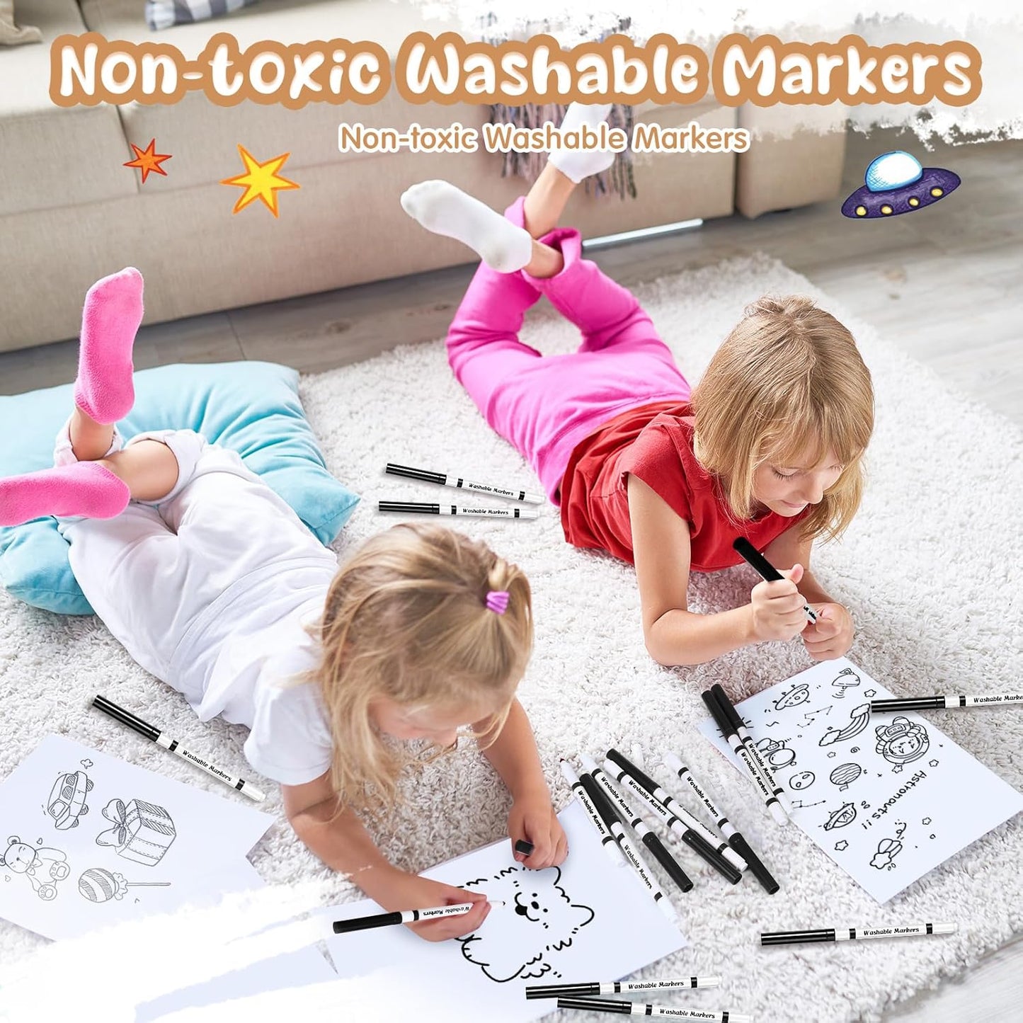 18 Pcs Line Washable Markers Bulk Black Fine Tip Markers Set Coloring Thin Tip Drawing Washable Pen for Kids Art School Classroom Back to School Gender Reveal Party Supplies, Ages 6+