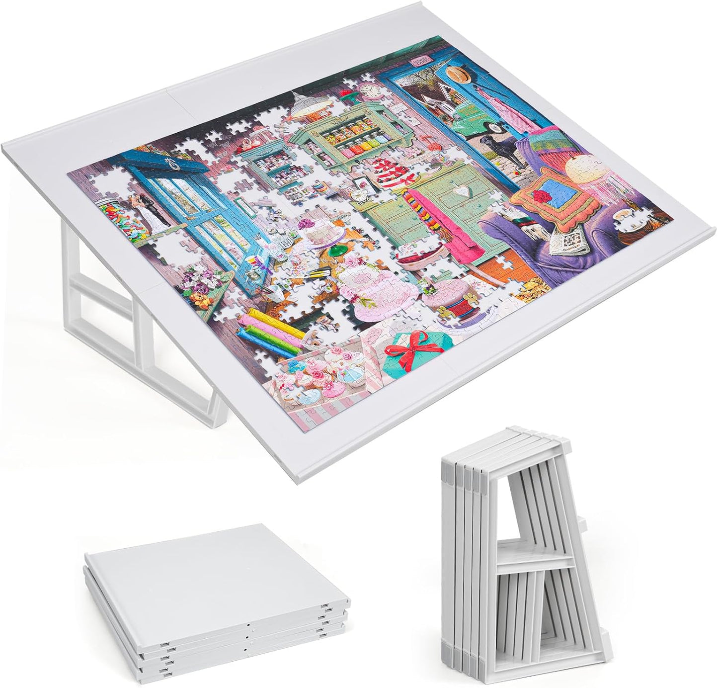 WELGEE 1000-Piecce Tilting Puzzle Board with Stand, 31” x 24” Lightweight Portable Puzzle Table for Adults & Seniors, DIY Customizable Puzzle Accessory Only 3.5 lbs (White)